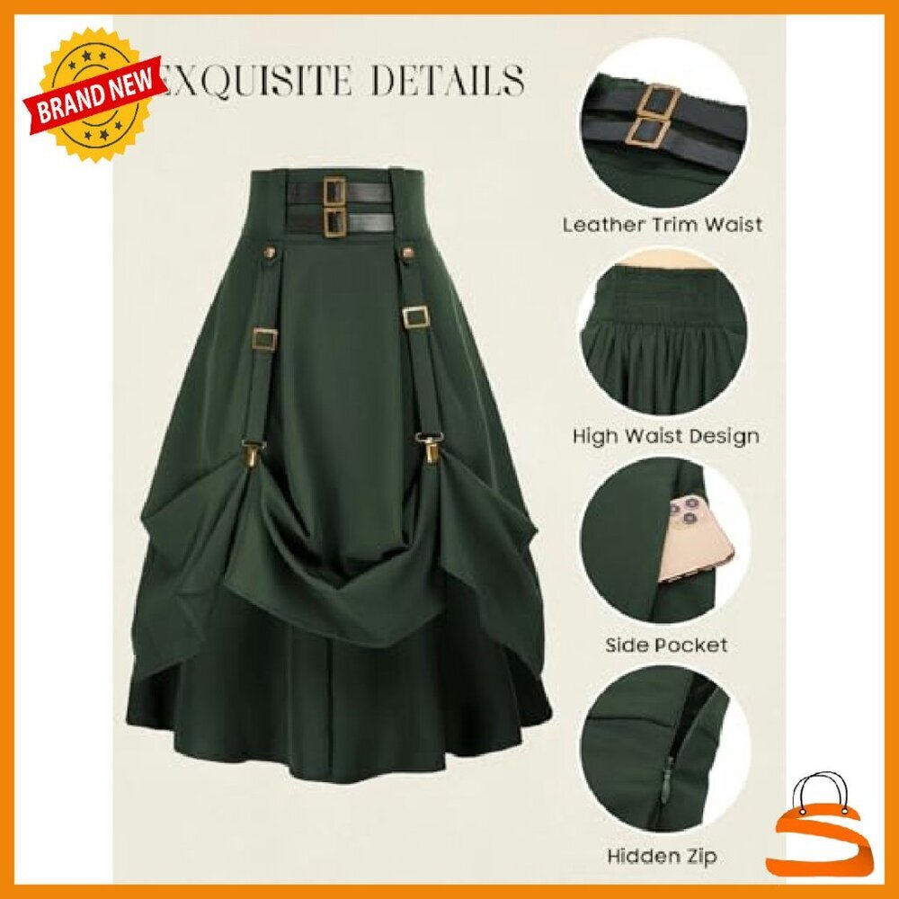 Steampunk Goth High Waist Midi Skirt with Pockets S-2XL A-Line - Picture 7 of 8
